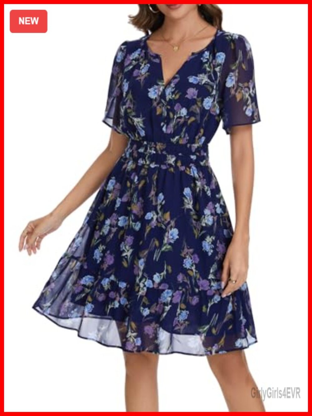 Women Summer Chiffon A-Line Flowy Mini Dress Short Sleeve V-Neck